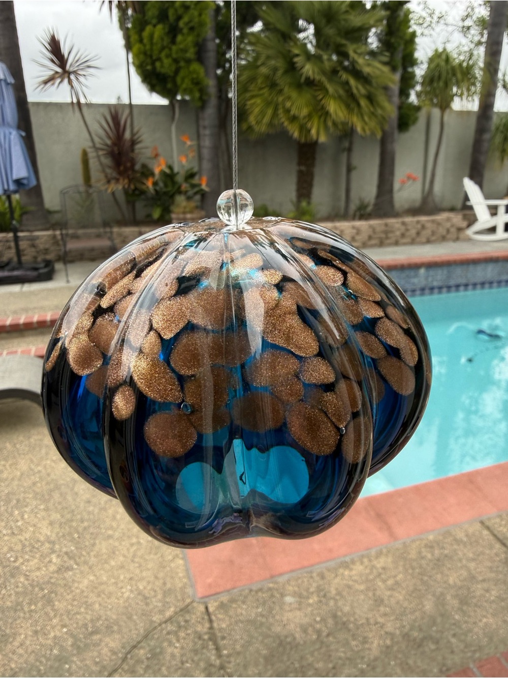 Glass Hanging Blue and Gold Air Plant Holder- Home Art